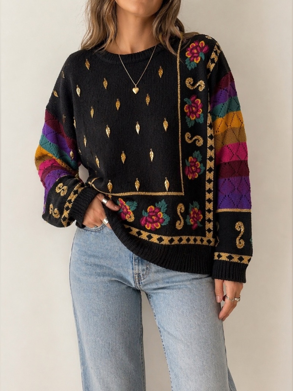 Vintage Carole Little Petites embroidered sweater black floral rainbow sleeve S